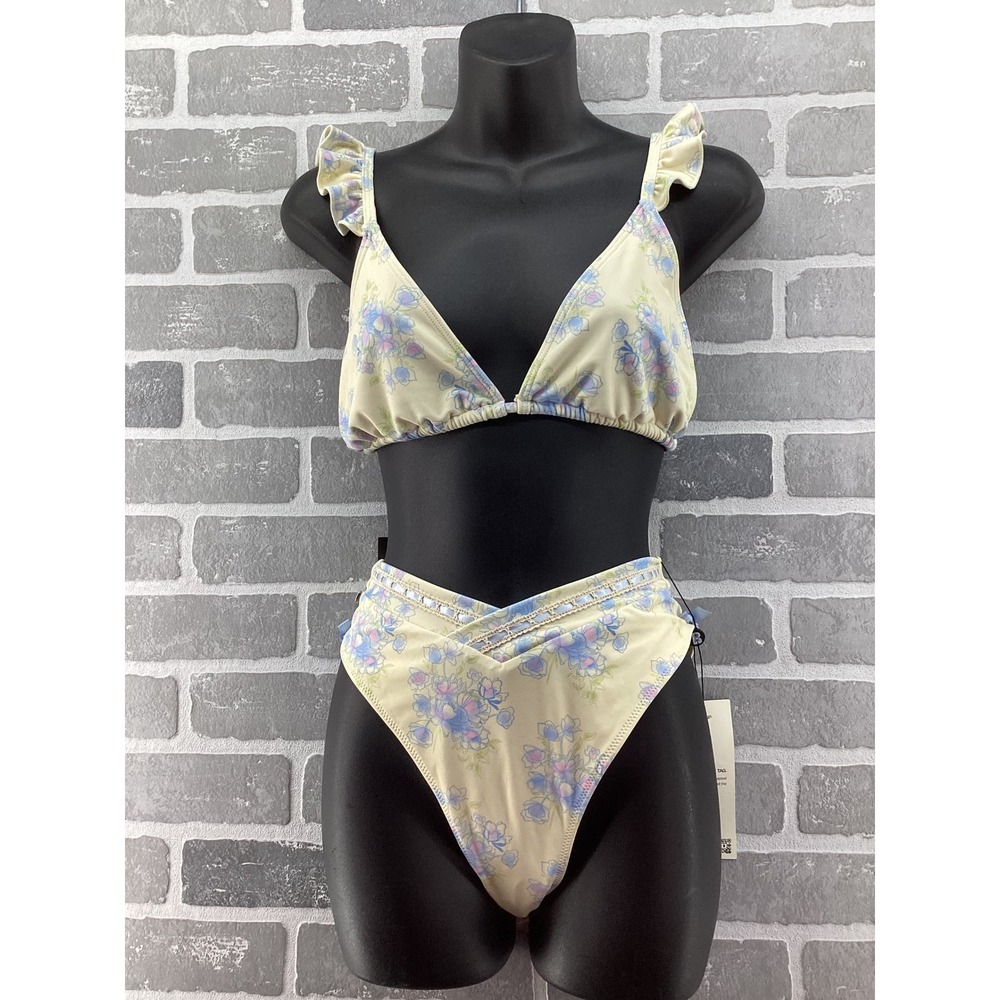 Blackbough Swim Yellow Floral Ruffle Triangle Bikini Set High Waist Bottoms L
